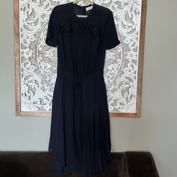 A.L.C. Silk Navy Midi Dress with Black Lace Detail sz 8 - Picture 2 of 14